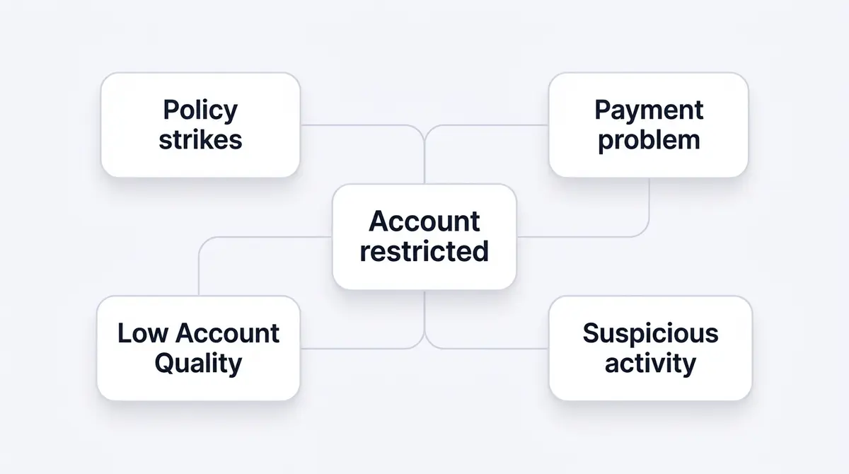 A flowchart showing the four common causes of a Facebook ad account restriction branching from a central account icon into policy strikes, payment problems, suspicious login activity and low Account Quality, each with a short fix label.