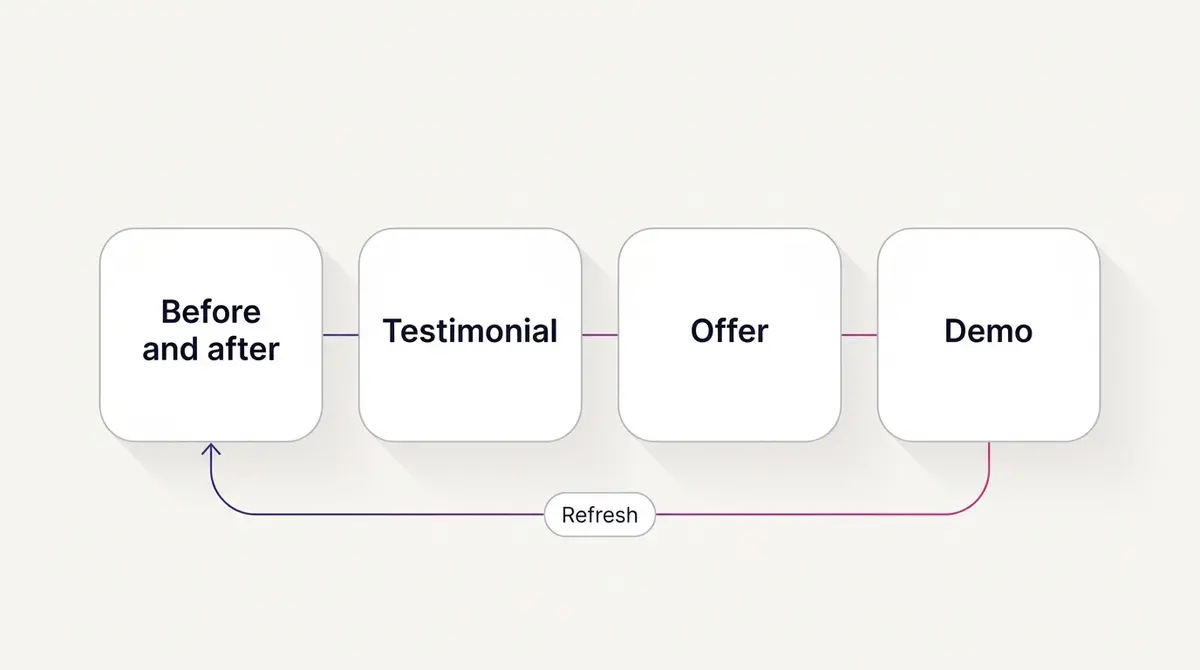 Two-by-two grid of small-business ad angle cards labelled before and after, testimonial, offer, and demo, with a refresh arrow looping back to the start
