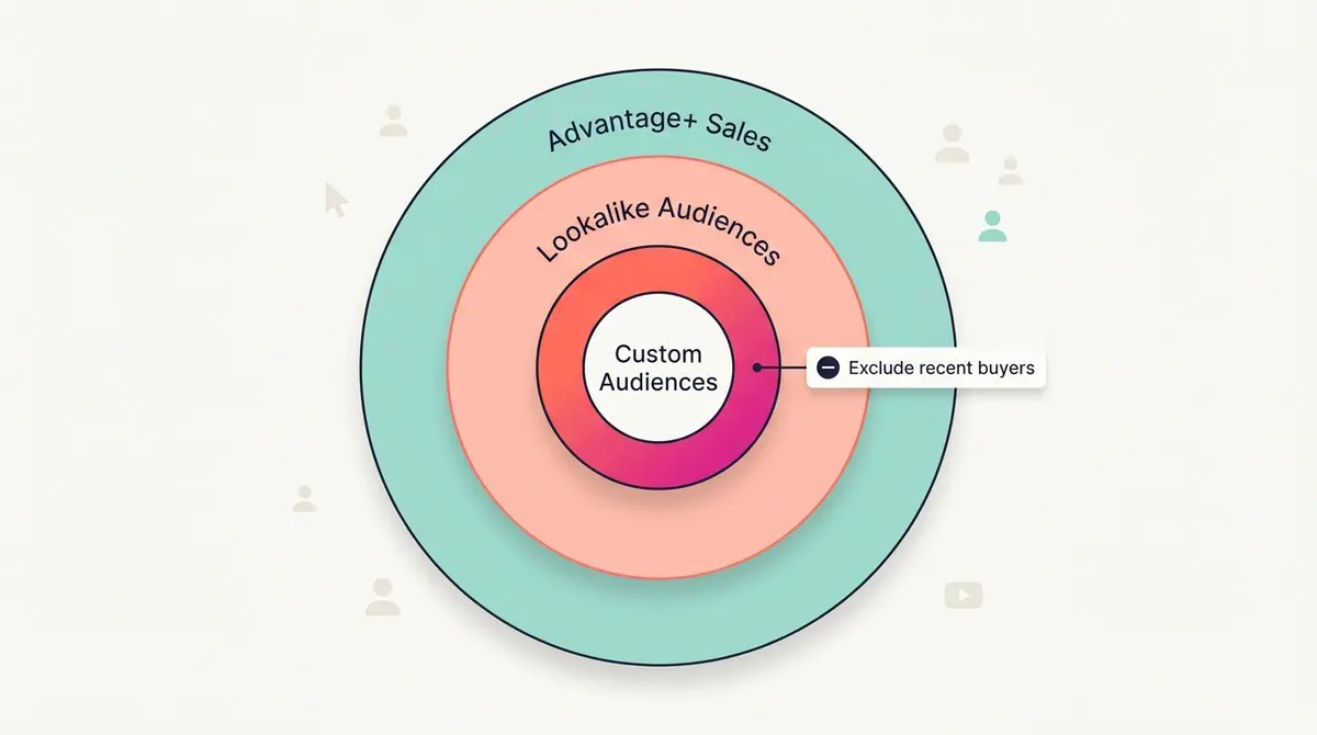Light editorial diagram of three concentric audience layers labelled Custom Audiences, Lookalike Audiences and Advantage Plus Sales, with a small Exclude recent buyers callout.
