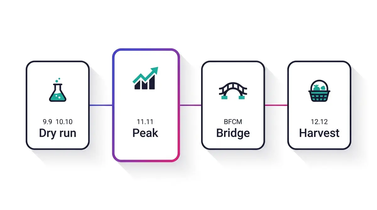 Flat-design diagram of Malaysia's mega-sale ladder showing four connected stages left to right with arrows between them, each a white card on a light background.