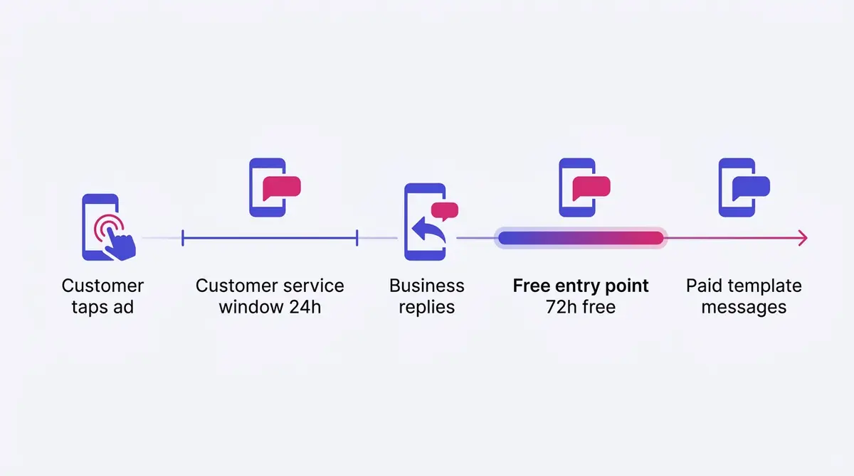 Clean horizontal timeline diagram on a light background showing a click-to-WhatsApp conversation billing flow: a customer taps the ad, a 24-hour customer service window opens labelled Customer service window 24h, the business replies which opens a 72-hour window labelled Free entry point 72h free, and after both windows close only paid template messages remain, with the phone and chat motifs drawn as abstract textless shapes.