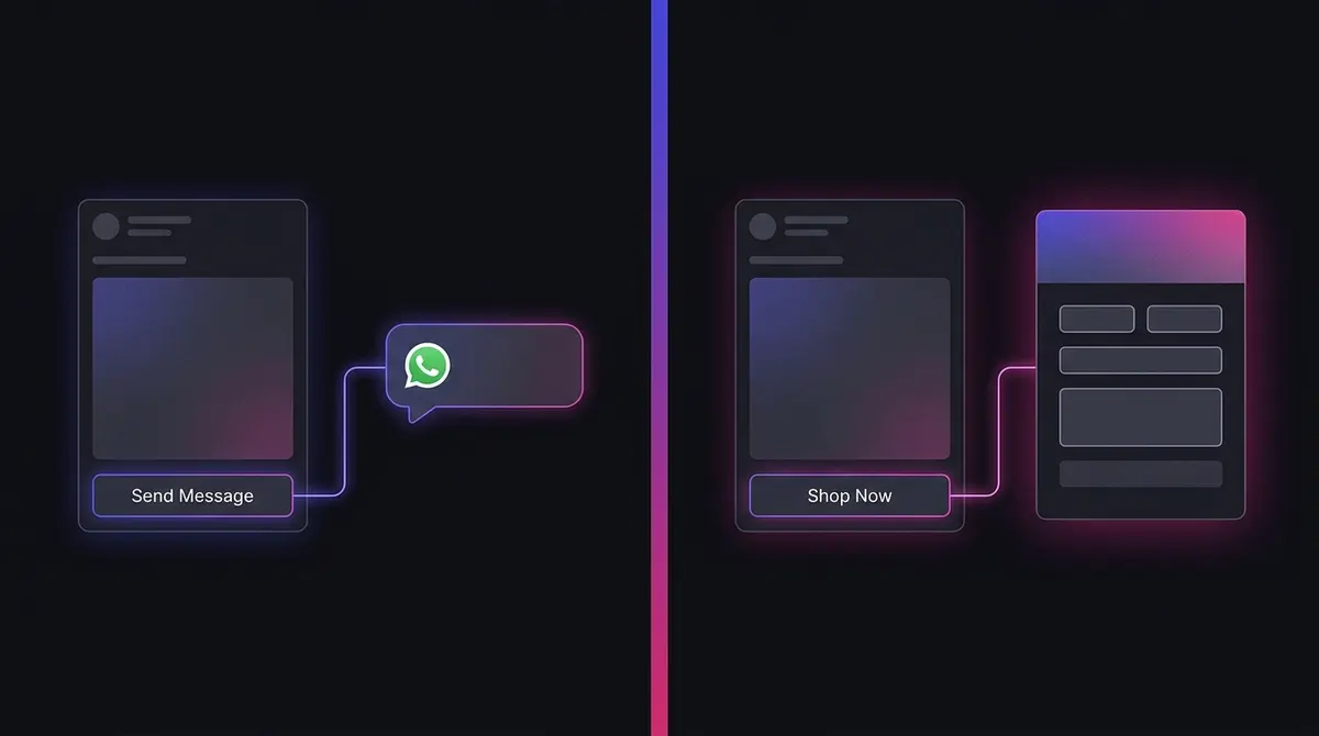 Editorial split-panel illustration contrasting two ad destinations: on the left a feed ad whose Send Message button opens a WhatsApp chat bubble, on the right a feed ad whose Shop Now button opens a landing page form, an indigo-to-magenta gradient flowing between the panels on a near-black canvas.