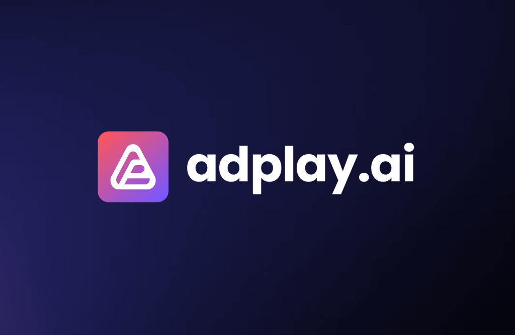 Logo of adplay.ai on a dark gradient background, featuring a stylized triangle icon in pink and purple beside the white text "adplay.ai."