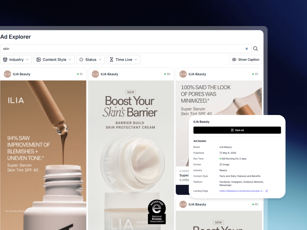 Screenshot of an "Ad library" interface showcasing ads in the market. A pop-up displays ad details on the right.